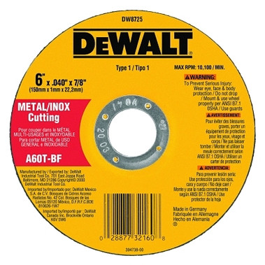 DeWalt Type 1 Thin Metal Cutting Wheel, 6 in dia, 0.040 in Thick, 7/8 in Arbor, A60T Grit (25 EA / BOX)