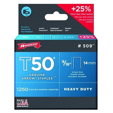 Arrow Fastener T50 Type Staple, #509 9/16 in L x 3/8 in W, 1,250/PK (4 PK / BOX)