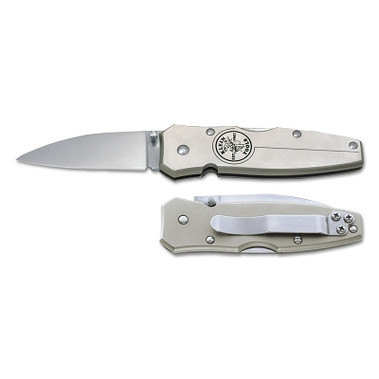 Klein Tools Lockback Knives, 7.2 in, Drop-Point Stainless Steel Blade, Silver Anodized (1 EA / EA)