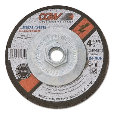 CGW Abrasives 1/4 in Depressed Center Wheel Type 27, 4-1/2 in dia, 7/8 in Arbor, A24N (25 EA / BOX)