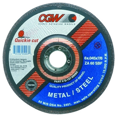 CGW Abrasives Quickie Cut Extra Thin Type 27 Cut-Off Wheel, 6 in dia, 7/8 in Arbor, 60 Grit (25 EA / BOX)