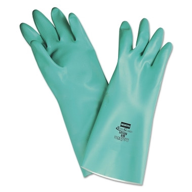 Honeywell North Nitriguard Plus Unsupported Nitrile Glove, Straight, Flocked, 9, Green (12 PR / DZ)