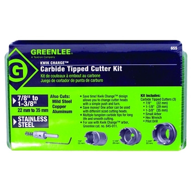Greenlee Kwik Change Hole Cutter Kit, Carbide-Tipped, 7/8 in to 1-3/8 in Cut dia (1 KT / EA)
