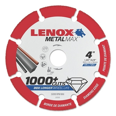 Lenox MetalMax Cut-Off Wheels, 4 in, 5/8 in Arbor, Steel/Diamond (5 EA / PK)