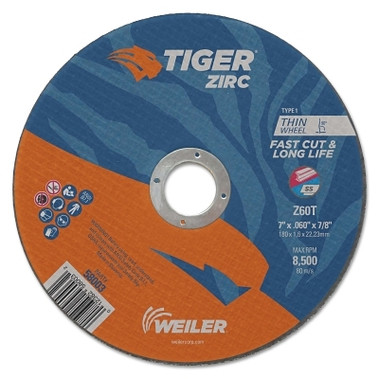 Weiler Tiger Zirc Thin Cutting Wheels, 7 in Dia., 0.060 in Thick, 7/8 in Arbor, 60 Grit (25 EA / BX)