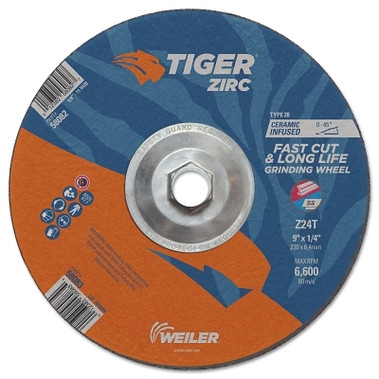 Weiler Tiger Zirc Grinding Wheels, Type 28, 9 in Dia., 1/4 in Thick, 24 Grit, Zirconium (10 EA / BX)