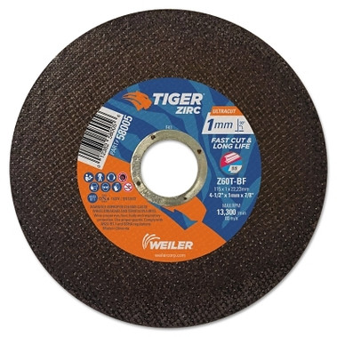 Weiler Tiger Zirconia Ultracut Thin Cutting Wheel, 4.5", 7/8" Arbor, 60, 13300rpm, 50PK (50 EA / BX)