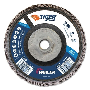 Weiler Tiger Angled Flap Disc, 5 in Dia, 40 Grit, 5/8 in-11 Arbor, 12000 rpm (10 EA / BX)