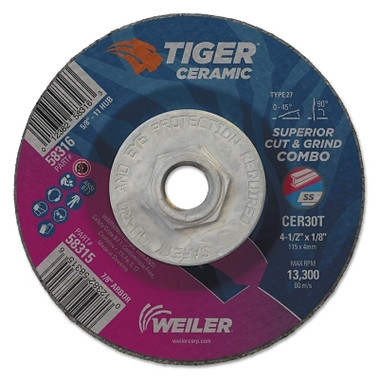 Weiler Tiger Ceramic Combo Wheels, 4.5 in Dia, 1/8 in Thick, 5/8 in Arbor,10/bx (10 EA / BX)