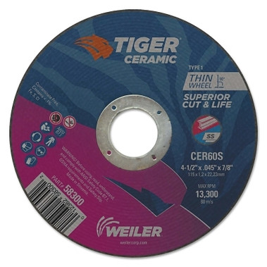 Weiler Tiger Ceramic Cutting Wheel, 4.5 in Diameter, 0.045in Thick, 24/bx (25 EA / BX)
