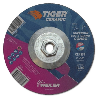 Weiler Tiger Ceramic Combo Wheels, 6 in Dia., 1/8 in Thick, 30 Grit, Ceramic Alumina (10 EA / BX)
