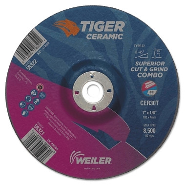 Weiler Tiger Ceramic Combo Wheels, 7 in Dia., 1/8 in Thick, 7/8 in Arbor, 30 Grit (10 EA / PK)