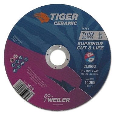 Weiler Tiger Ceramic Cutting Wheels, 6 in Dia, 0.045in Thick, 24/bx (25 EA / BX)
