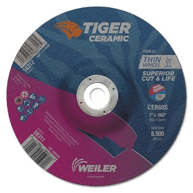 Weiler Tiger Ceramic Cutting Wheels, Type 27, 7 in Dia., 0.06 in Thick, 7/8 in Arbor (10 EA / PK)