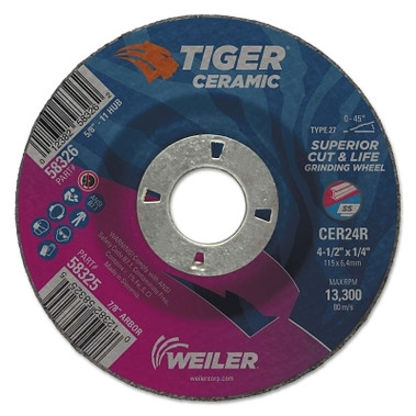 Weiler Tiger Ceramic Grinding Wheel, 4-1/2 in dia, 1/4 in Thick, 7/8 in Arbor, 24 Grit (10 EA / BX)