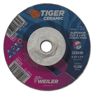 Weiler Tiger Ceramic Grinding Wheels, 4.5 in Dia, 1/4 in Thick, 5/8 in Arbor,10/bx (10 EA / BX)