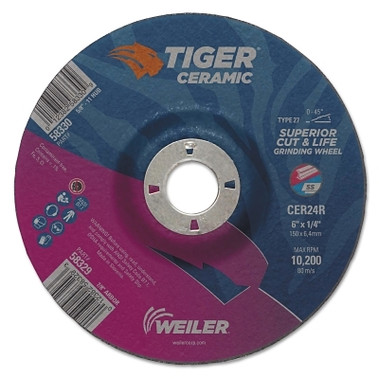 Weiler Tiger Ceramic Grinding Wheels, 6 in Dia., 1/4 in Thick, 7/8 in Arbor, 24 Grit (10 EA / BX)