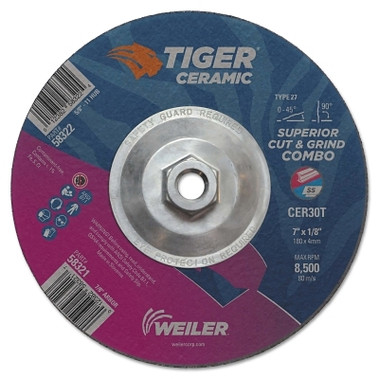Weiler Tiger Ceramic Combo Wheels, 7 in Dia., 1/8 in Thick, 30 Grit, Ceramic Alumina (10 EA / BX)