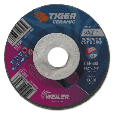 Weiler Tiger Ceramic Cutting Wheel, 4.5 in Diameter., 0.045 in Thick, 60 Grit, Ceramic Alumina (10 EA / BX)