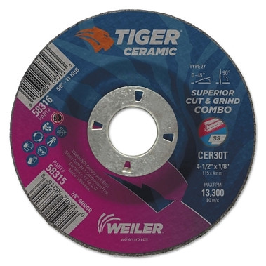 Weiler Tiger Ceramic Combo Wheels, 4.5 in Dia, 1/8 in Thick, 7/8 in Arbor, 24/bx (25 EA / BX)