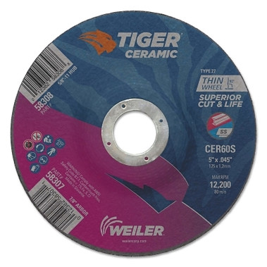 Weiler Tiger Ceramic Cutting Wheel, Type 27, 5 in Diameter., 0.045 in Thick, 7/8 in Arbor (25 EA / BX)