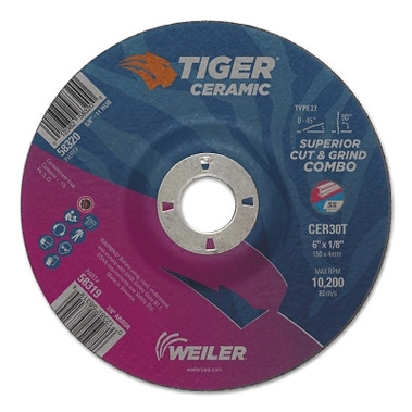 Weiler Tiger Ceramic Combo Wheels, 6 in Dia., 1/8 in Thick, 7/8 in Arbor, 30 Grit (25 EA / BX)