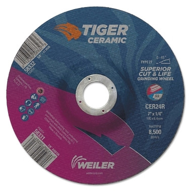 Weiler Tiger Ceramic Grinding Wheels, 7 in Dia, 1/4 in Thick, 7/8 in Arbor, 10/bx (10 EA / BX)