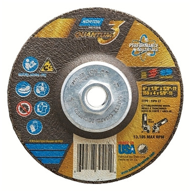 Norton Quantum3 SG CA Type 27 Grinding Wheel, 6 in dia, 1/8 in Thick, 5/8 in Arbor, 24 Grit, Ceramic Alumina (10 EA / BX)