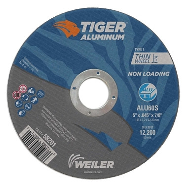 Weiler Aluminum Cutting Wheel, 5 in Diameter., 7/8 in Arbor, Type 1, 60 Grit, AO (25 EA / PK)