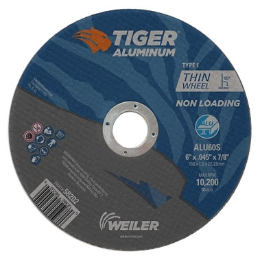 Weiler Aluminum Cutting Wheels, 6 in Dia., 7/8 in Arbor, Type 1, 60 Grit, Alum. Oxide (25 EA / PK)