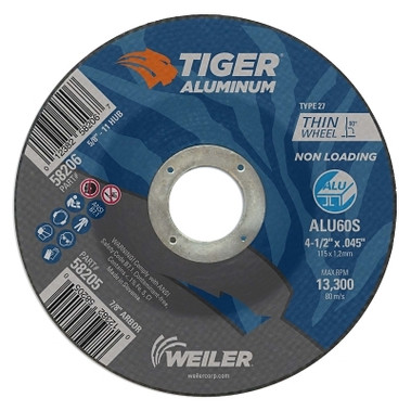 Weiler Aluminum Cutting Wheel, 4.5 in Diameter, 7/8 in Arbor, Type 27, 60 Grit, AO (25 EA / PK)
