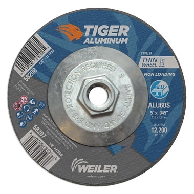 Weiler Aluminum Cutting Wheels, 5 in Dia., 5/8 in Arbor, Type 27, 60 Grit, Alum. Oxide (10 EA / PK)