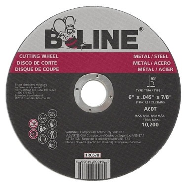 B-Line Abrasives Cutting Wheel, 6 in dia, 0.045 in Thick, 7/8 in Arbor, 60 Grit, Alum Oxide (25 EA / BX)