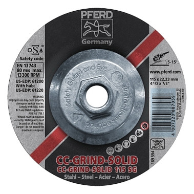 Pferd CC Grind Solid Steel Grinding Discs, Ceramic, 4 1/2in Dia, 5/8 in Arbor, 24 Grit (1 EA / EA)