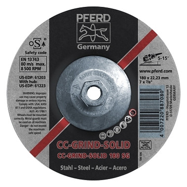 Pferd CC Grind Solid Steel Grinding Discs, Ceramic, 7 in Dia, 5/8 in Arbor, 24 Grit (10 EA / CA)