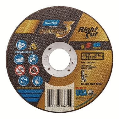 Norton Quantum3 RightCut SG CA Type 01/41 Small Diameter Cut-Off Wheel, 4-1/2 in dia, 0.045 Thick, 7/8 in Arbor, 46 Grit (25 EA / BX)