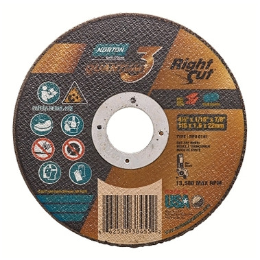 Norton Quantum3 RightCut SG CA Type 01/41 Small Diameter Cut-Off Wheel, 4-1/2 in dia, 1/16 in Thick, 7/8 in Arbor, 36 Grit (25 EA / BX)