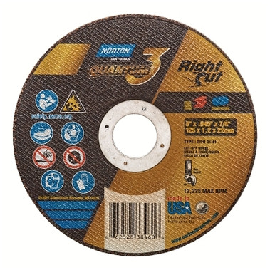 Norton Quantum3 RightCut SG CA Type 01/41 Small Diameter Cut-Off Wheel, 5 in dia, 0.045 Thick, 7/8 in Arbor, 46 Grit (25 EA / BX)