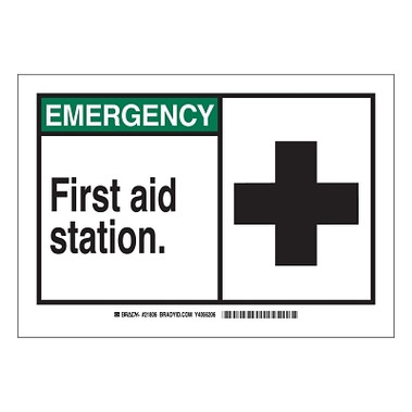 Brady EMERGENCY First Aid Station Signs,  10w x 7h, Black/Green (1 EA / EA)