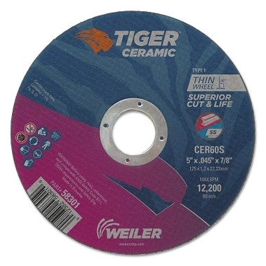 Weiler Tiger Ceramic Cutting Wheels, Type 27, 4 in Dia., 1/16 in Thick, 3/8 in Arbor (25 EA / BX)