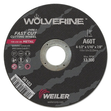 Weiler Wolverine Flat Type 1 Cutting Wheel, 4 in Dia, 60 Grit, Aluminum Oxide (50 EA / BX)