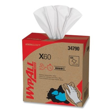 WypAll X60 Cloth Wiper, White, 8.34 in W x 16.8 in L, Pop-Up Box, 126 Sheets/Box (10 BX / CA)