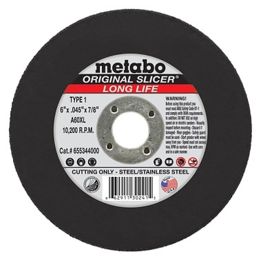 Metabo Original Slicer Cutting Wheel, 6 in dia, 0.045 in Thick, 7/8 in Arbor, 36 Grit , AO (1 EA / EA)