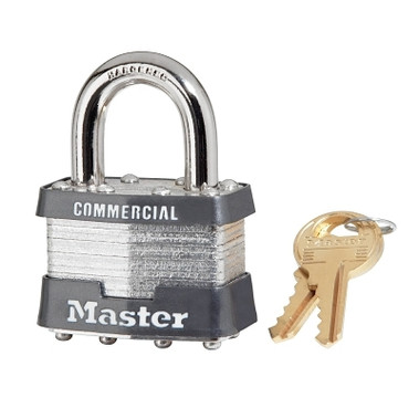 Master Lock No. 1 Laminated Steel Padlock, 5/16 in dia, 3/4 in W x 15/16 in H Shackle, Silver/Gray, Keyed Different, Keyed Varies (4 EA / BX)