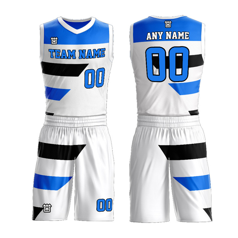 Customized Sublimation White Blue Black Basketball Uniform Shirt And Short Team Uniform