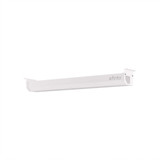 Système de gestion des câbles ofinto blanc, vue en biais – goulotte blanche pour bureau réglable en hauteur Elevate avec logo ofinto et support de câbles