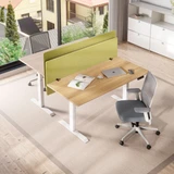 Cloison acoustique ofinto verte 160 cm x 60 cm dans un bureau moderne – vue plongeante de deux bureaux réglables en hauteur Elevate avec cloison acoustique pour la réduction du bruit en open space