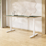 Bureau ofinto Rise avec plateau vert olive bois et pieds blancs, avec système de gestion des câbles