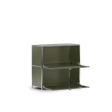Commode Cubox 2 niveaux, 2 abattants en vert olive, vue de face avec les deux abattants ouverts, photo en studio