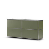 Meuble bas Cubox 2 niveaux, 2 abattants en vert olive, vue arrière de trois quarts, photo en studio